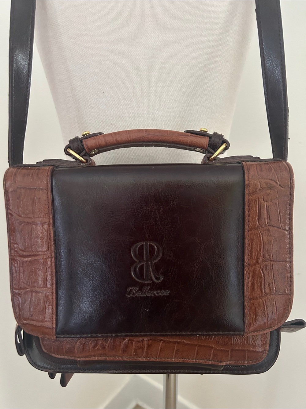 Vintage Bellerose Brown Leather Crossbody Bag With Croc Embossed Trim